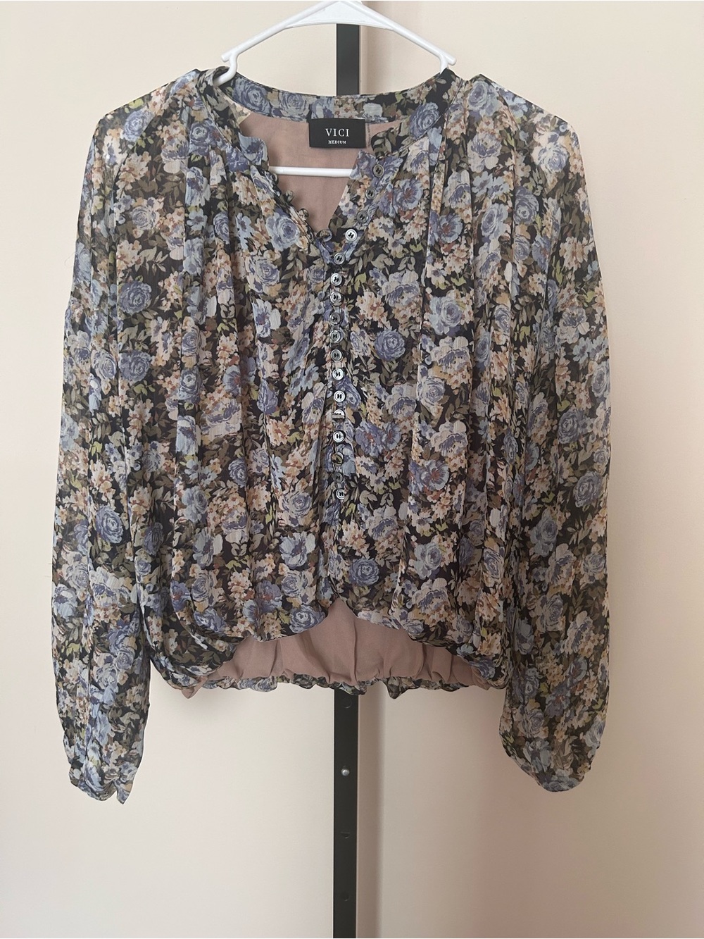 VICI Blue Floral Sheer Button-Up Blouse